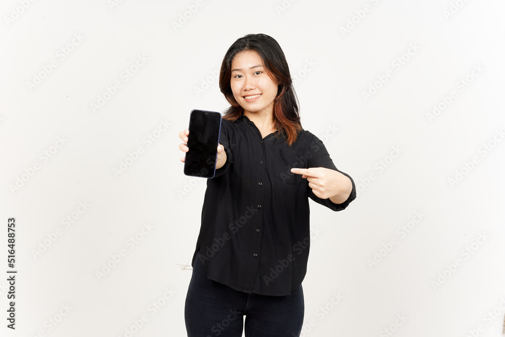 Showing Apps or Ads On Blank Screen Smartphone of Beautiful Asian Woman Isolated On White Background Showing Apps or Ads On Blank Screen Smartphone of Beautiful Asian Woman Isolated On White Background