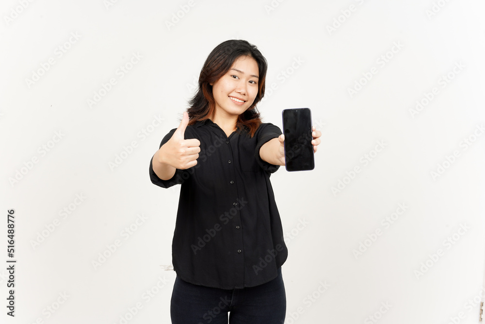 Showing Apps or Ads On Blank Screen Smartphone of Beautiful Asian Woman Isolated On White Background Showing Apps or Ads On Blank Screen Smartphone of Beautiful Asian Woman Isolated On White Background