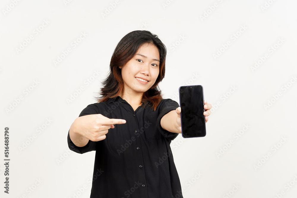 Showing Apps or Ads On Blank Screen Smartphone of Beautiful Asian Woman Isolated On White Background Showing Apps or Ads On Blank Screen Smartphone of Beautiful Asian Woman Isolated On White Background