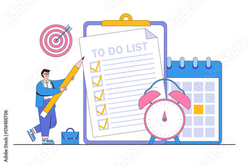 Self discipline, professional, meeting deadlines, time management, and productivity to reach target concepts. Businessman writing to do list plan on the clipboard with alarm clock and calendar