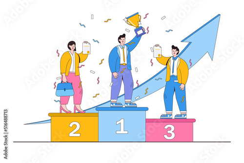 Employee award recognition, achievement reward, top star performance of the month, best sales champion or certificate concepts. Business employee standing on podium winning trophy for competition