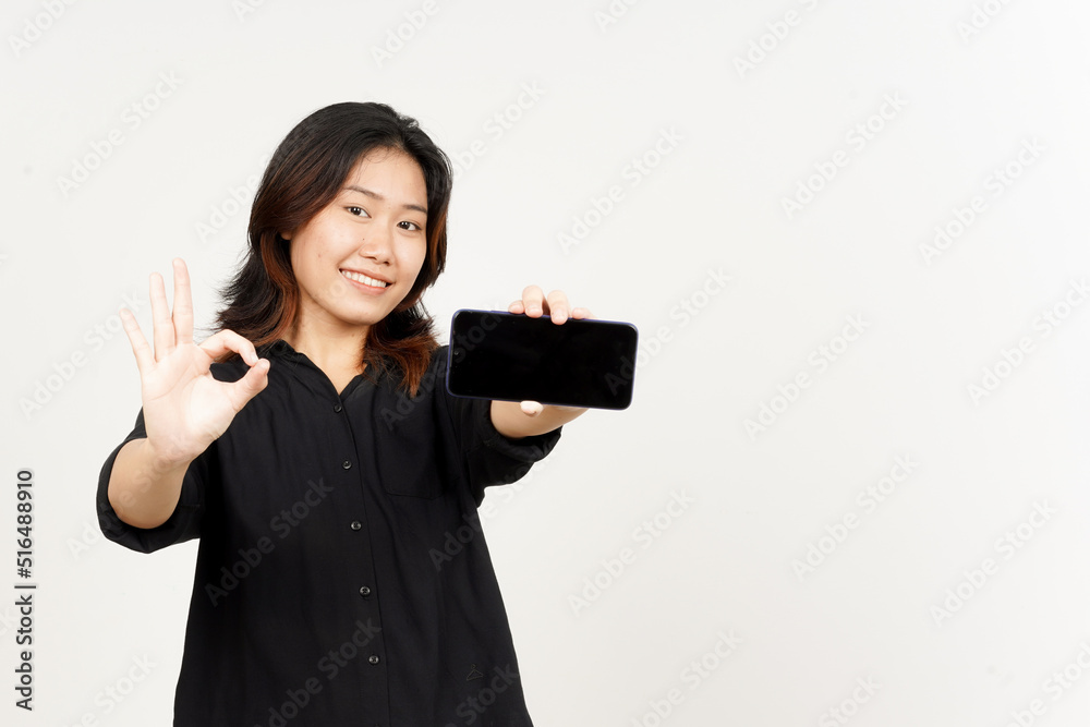 Showing Apps or Ads On Blank Screen Smartphone of Beautiful Asian Woman Isolated On White Background Showing Apps or Ads On Blank Screen Smartphone of Beautiful Asian Woman Isolated On White Background