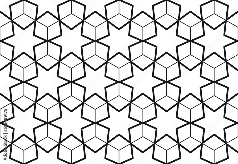 Islamic style six point star and hexagon repeat outline pattern in black color on a white background, geometric vector illustration Islamic style six point star and hexagon repeat outline pattern in black color on a white background, geometric vector illustration