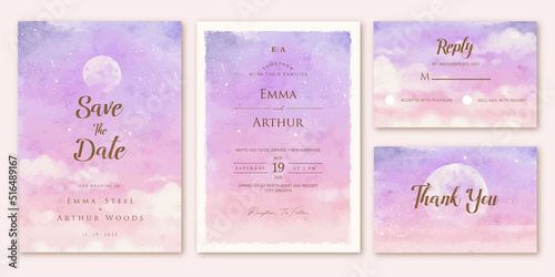 Set of wedding invitation with pink purple sky aquarelle