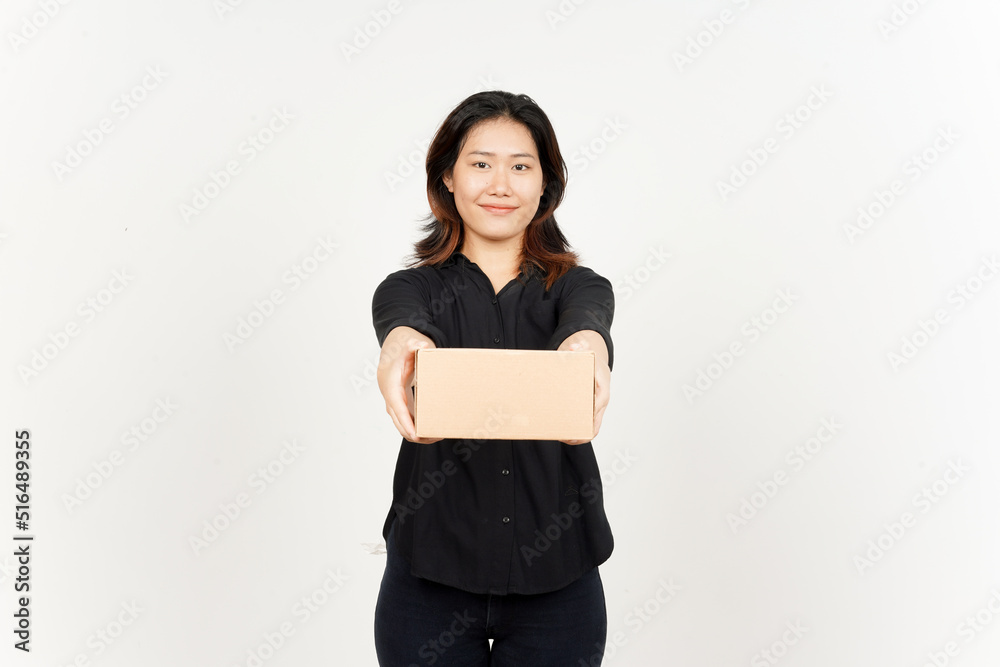Holding Package Box or Cardboard Box of Beautiful Asian Woman Isolated On White Background Holding Package Box or Cardboard Box of Beautiful Asian Woman Isolated On White Background