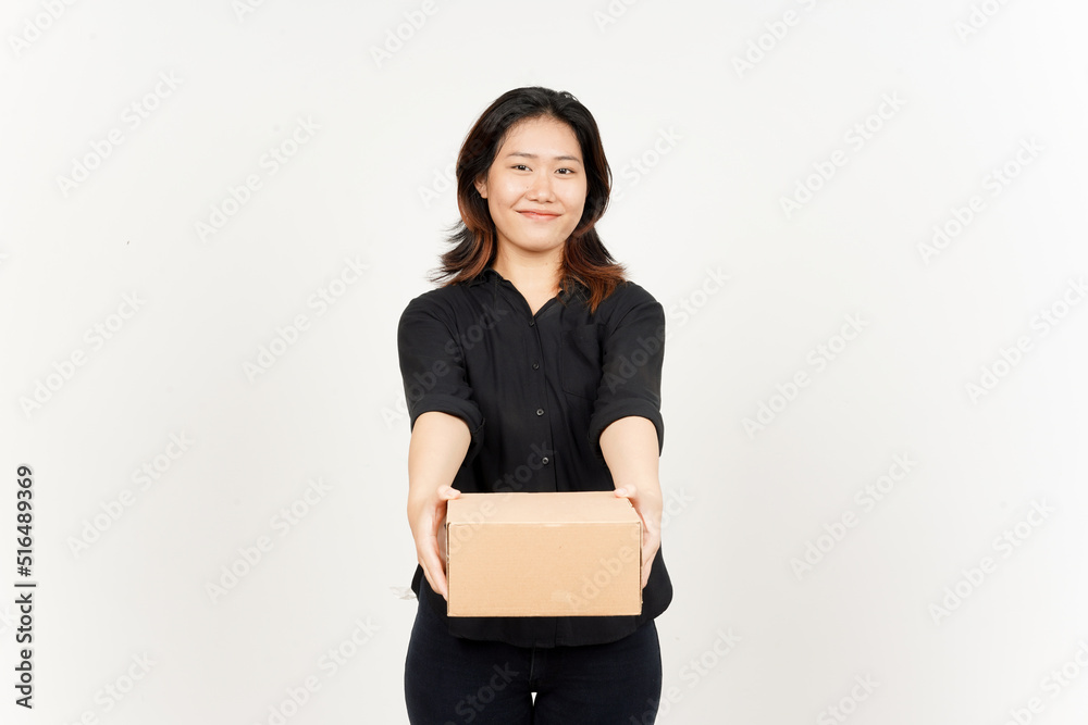 Holding Package Box or Cardboard Box of Beautiful Asian Woman Isolated On White Background Holding Package Box or Cardboard Box of Beautiful Asian Woman Isolated On White Background