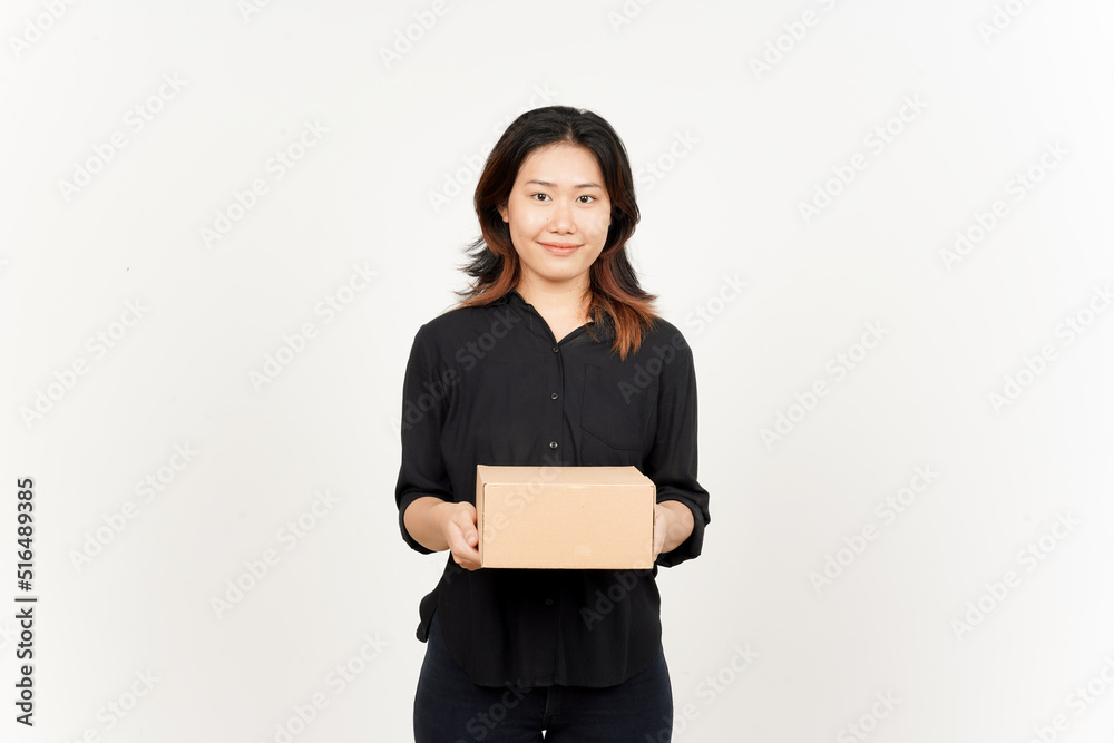 Holding Package Box or Cardboard Box of Beautiful Asian Woman Isolated On White Background Holding Package Box or Cardboard Box of Beautiful Asian Woman Isolated On White Background