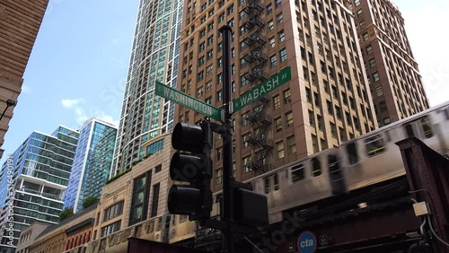 Chicago L Passing By Highrise Buildings Washington and Wabash Street Sign photo