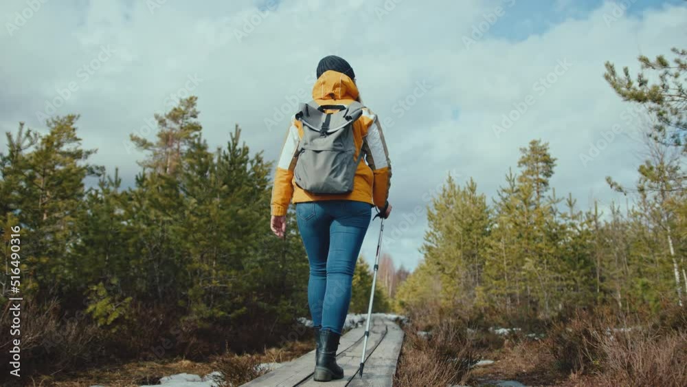 Female hiker walks through forest, slow motion behind shot Female hiker walks through forest, slow motion behind shot