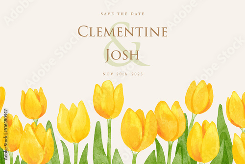 Wedding invitation card with yellow tulip flower field watercolor background