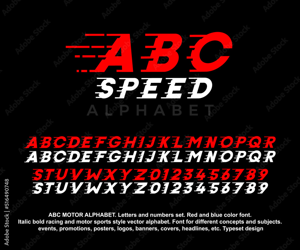 ABC SPEED vector alphabet and numbers set. Red and blue color font. Italic bold racing and motor sports and gaming style design. For Headlines, logos, banners, events, posters etc