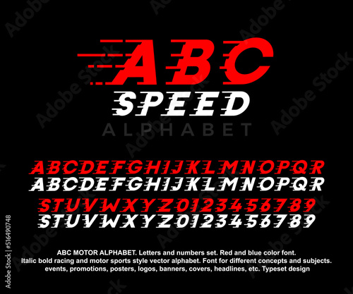 ABC SPEED vector alphabet and numbers set. Red and blue color font. Italic bold racing and motor sports and gaming style design. For Headlines, logos, banners, events, posters etc
