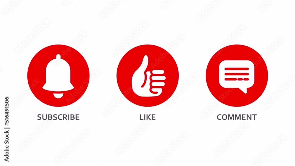 Subscribe, Like and Comment icon animations with a luma matte for a video channel. White background.	