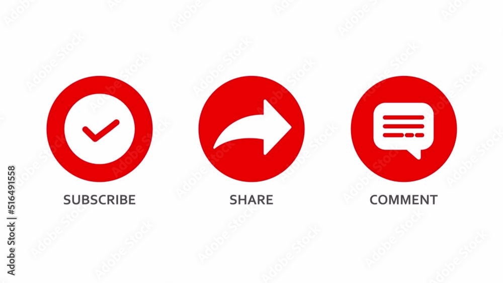 Subscribe, share and comment icon animations with a luma matte for a video channel. White background.	