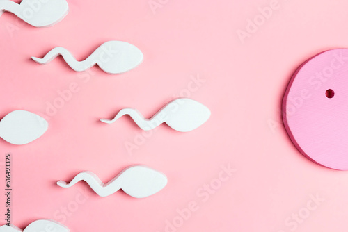 Egg and sperm on a pink background.
