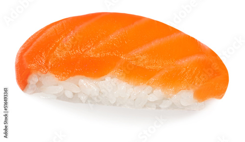 Sushi with rice and salmon isolated on white background. Top view. Flat lay. Japan restaurant menu..