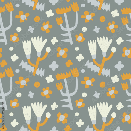Seamless floral background with abstract vector flowers on a gray background. Vector pattern with minimalistic stylized flowers.