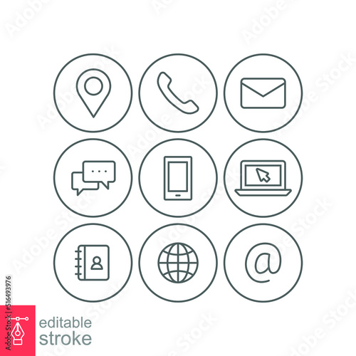 Contact us icons set. Simple outline style symbol. Email, phone, web, address, internet, call, message, business communication concept. Vector illustration design isolated. Editable stroke EPS 10