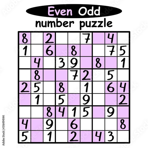Even-Odd sudoku printable activity page vector illustration. Sudoku puzzle with even and odd numbers. Place even numbers on violet cells and odd numbers on white cells