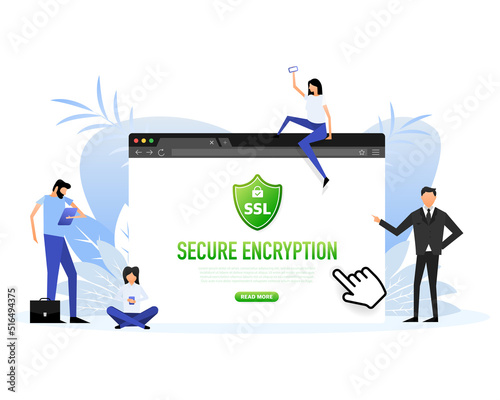 SSL encryption label. Flat people. Secure banner. Vector illustration