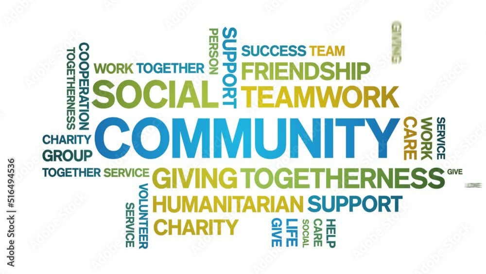 Community animated tag word cloud;text design animation kinetic typography seamless loop.
