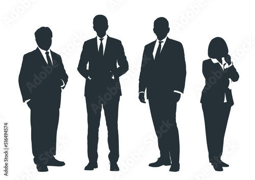 Business people group gray silhouettes pose on white background, flat line vector and illustration.