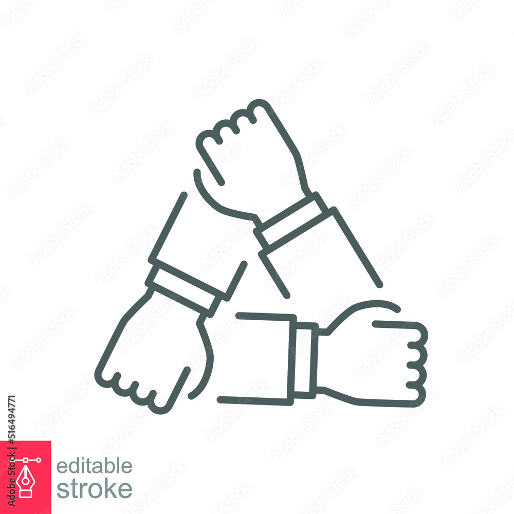Three hands support each other line icon. Simple outline style. Team, hand, work together, partnership, group, help, concept of teamwork. Vector illustration design isolated. Editable stroke EPS 10 Three hands support each other line icon. Simple outline style. Team, hand, work together, partnership, group, help, concept of teamwork. Vector illustration design isolated. Editable stroke EPS 10