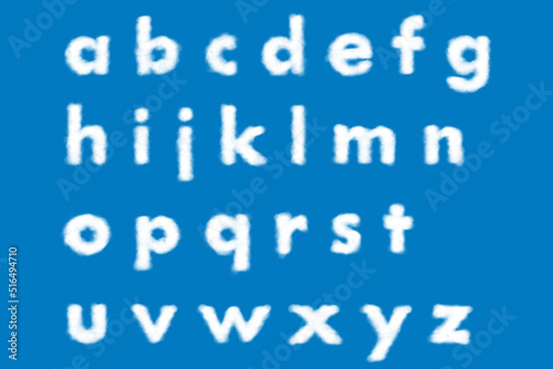 White clouds of English alphabet character from a to z. on the blue background. small alphabet.