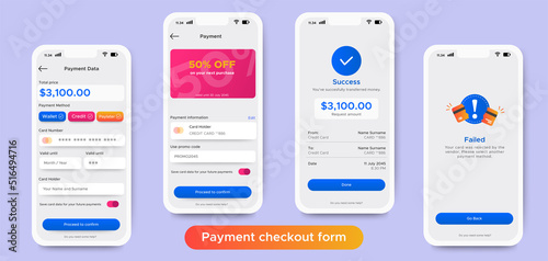 Online Payment checkout mobile apps UI,UX, GUI set with wallet, shopping, account, fund transfer, bill payment, card, promo code and delivered status. Mobile payment interface vector template. Online 