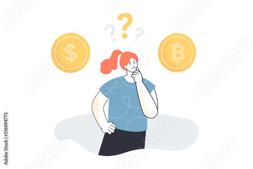 Woman thinking about investing in bitcoin or dollar. Tiny girl with coins and question marks over head flat vector illustration. Investment concept for banner, website design or landing web page
