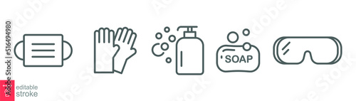 Personal protection equipment icons. Medical mask, latex gloves, soap, dispenser, protective glasses, covid 19 prevention. Outline symbols isolated. Vector illustration. Editable stroke EPS 10