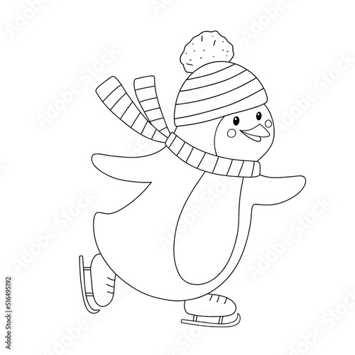 Outline Penguin in hat and scarf skates on ice. Cute line penguin skater isolated on white background. Childish vector character isolated on white