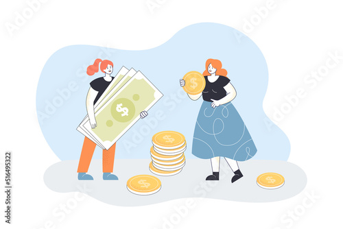 Rich girls holding cash money in hands. Tiny female characters with dollar coins and banknotes flat vector illustration. Payment, amount concept for banner, website design or landing web page