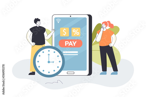 Tiny peoples phone reminder of time to pay money. Man and woman standing with clock and smartphone flat vector illustration. Late payment, loan concept for banner, website design or landing web page