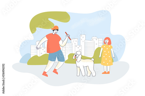 Pet owner throwing stick, playing with dog. Boy and girl training adorable puppy in city park flat vector illustration. Obedience, playground concept for banner, website design or landing web page