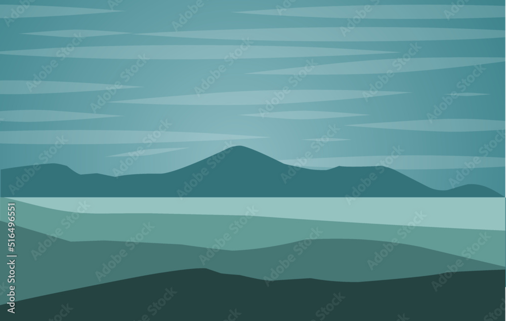 Vector illustration: Landscape with lake or bay and mountains on horizon