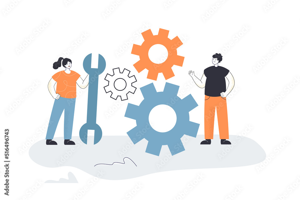 Tiny technicians with wrench to repair gear in mechanism. Technical work of man and woman flat vector illustration. Maintenance service, upgrade concept for banner, website design or landing web page Tiny technicians with wrench to repair gear in mechanism. Technical work of man and woman flat vector illustration. Maintenance service, upgrade concept for banner, website design or landing web page