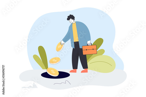 Sad businessman throwing money into hole. Tiny man losing coins due to crisis, financial failures flat vector illustration. Bankruptcy, debt concept for banner, website design or landing web page