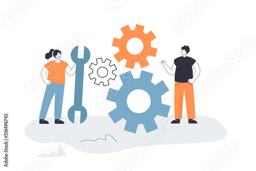 Tiny technicians with wrench to repair gear in mechanism. Technical work of man and woman flat vector illustration. Maintenance service, upgrade concept for banner, website design or landing web page