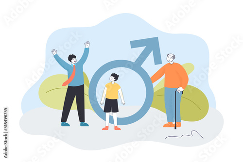 Old, young men and boy standing near masculine sign. Generations of tiny happy male characters flat vector illustration. Masculinity, growth concept for banner, website design or landing web page