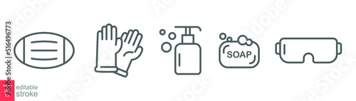 Personal protection equipment icons. Medical mask, latex gloves, soap, dispenser, protective glasses, covid 19 prevention. Outline symbols isolated. Vector illustration. Editable stroke EPS 10