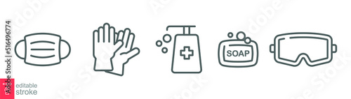 Personal protection equipment icons. Medical mask, latex gloves, soap, dispenser, protective glasses, covid 19 prevention. Outline symbols isolated. Vector illustration. Editable stroke EPS 10