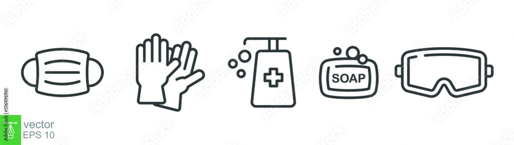 Personal protection equipment icons. Medical mask, latex gloves, soap, dispenser, protective glasses, Coronavirus, covid 19 prevention items. Line, outline symbols isolated. Vector illustration EPS 10 Personal protection equipment icons. Medical mask, latex gloves, soap, dispenser, protective glasses, Coronavirus, covid 19 prevention items. Line, outline symbols isolated. Vector illustration EPS 10
