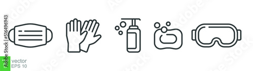 Personal protection equipment icons. Medical mask, latex gloves, soap, dispenser, protective glasses, Coronavirus, covid 19 prevention items. Line, outline symbols isolated. Vector illustration EPS 10