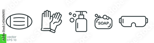 Personal protection equipment icons. Medical mask, latex gloves, soap, dispenser, protective glasses, Coronavirus, covid 19 prevention items. Line, outline symbols isolated. Vector illustration EPS 10
