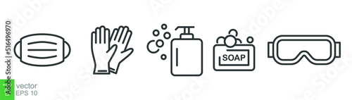 Personal protection equipment icons. Medical mask, latex gloves, soap, dispenser, protective glasses, Coronavirus, covid 19 prevention items. Line, outline symbols isolated. Vector illustration EPS 10