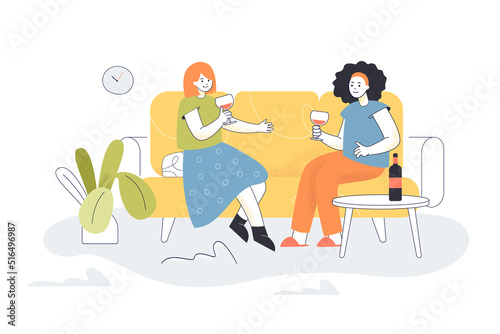Girlfriends gathering on sofa in home living room drinking wine. Girls holding wineglasses, enjoying alcohol flat vector illustration. Party concept for banner, website design or landing web page