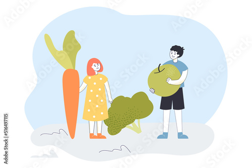 Healthy food for children with fresh fruit and vegetables. Tiny boy and girl holding carrot, broccoli and apple flat vector illustration. Diet concept for banner, website design or landing web page