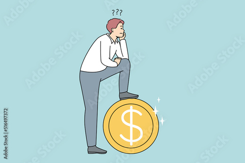 Frustrated man near huge coin thinking of financial problems. Confused male make decision plan about money and investment. Finances and expenses. Vector illustration. 