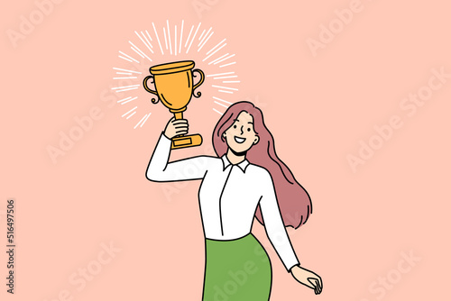 Happy woman with golden prize celebrate work or personal success. Motivated female holding trophy excited about achievement or business award. Vector illustration. 